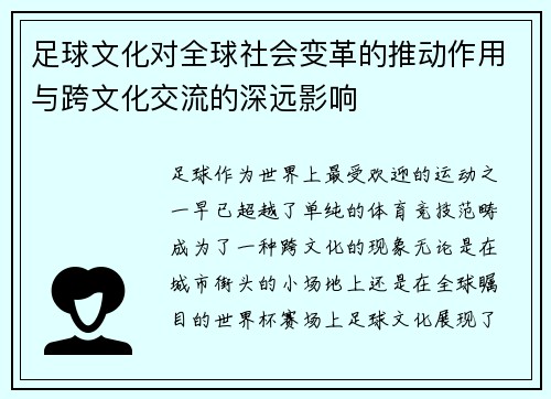 足球文化对全球社会变革的推动作用与跨文化交流的深远影响